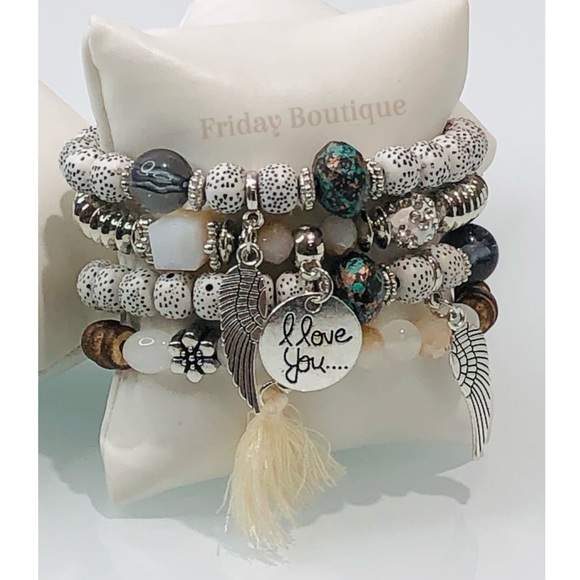 None Jewelry - Bohemian Angel Wings and I Love You Charms Multi Layer Bracelet Set